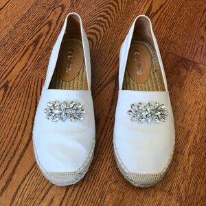 MIU MIU Espadrille Embellished Flats Shoes Womens 38 8 White Canvas Crystals
